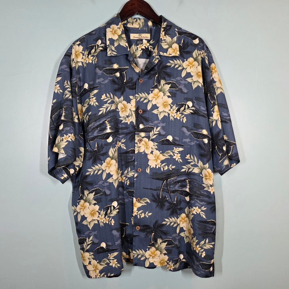 Tommy Bahama Mens Large Silk‎ Camp Shirt Blue Tropical Floral Palm 24-T3998 L